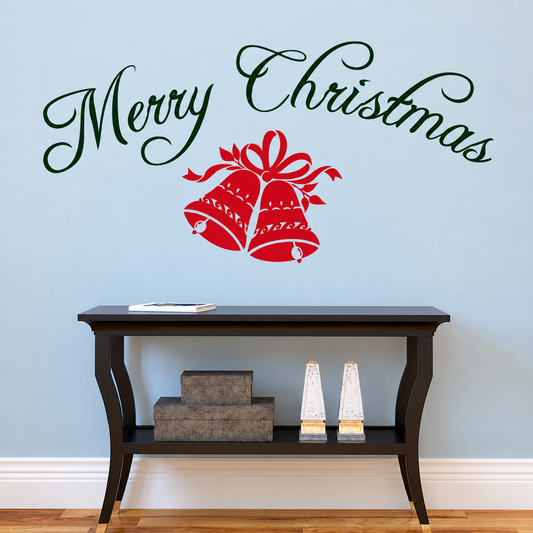 Merry Christmas Lettering & Bells Wall Decal — enhanced original room photo