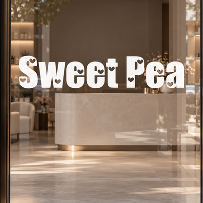 Sweet Pea custom lettering on glass