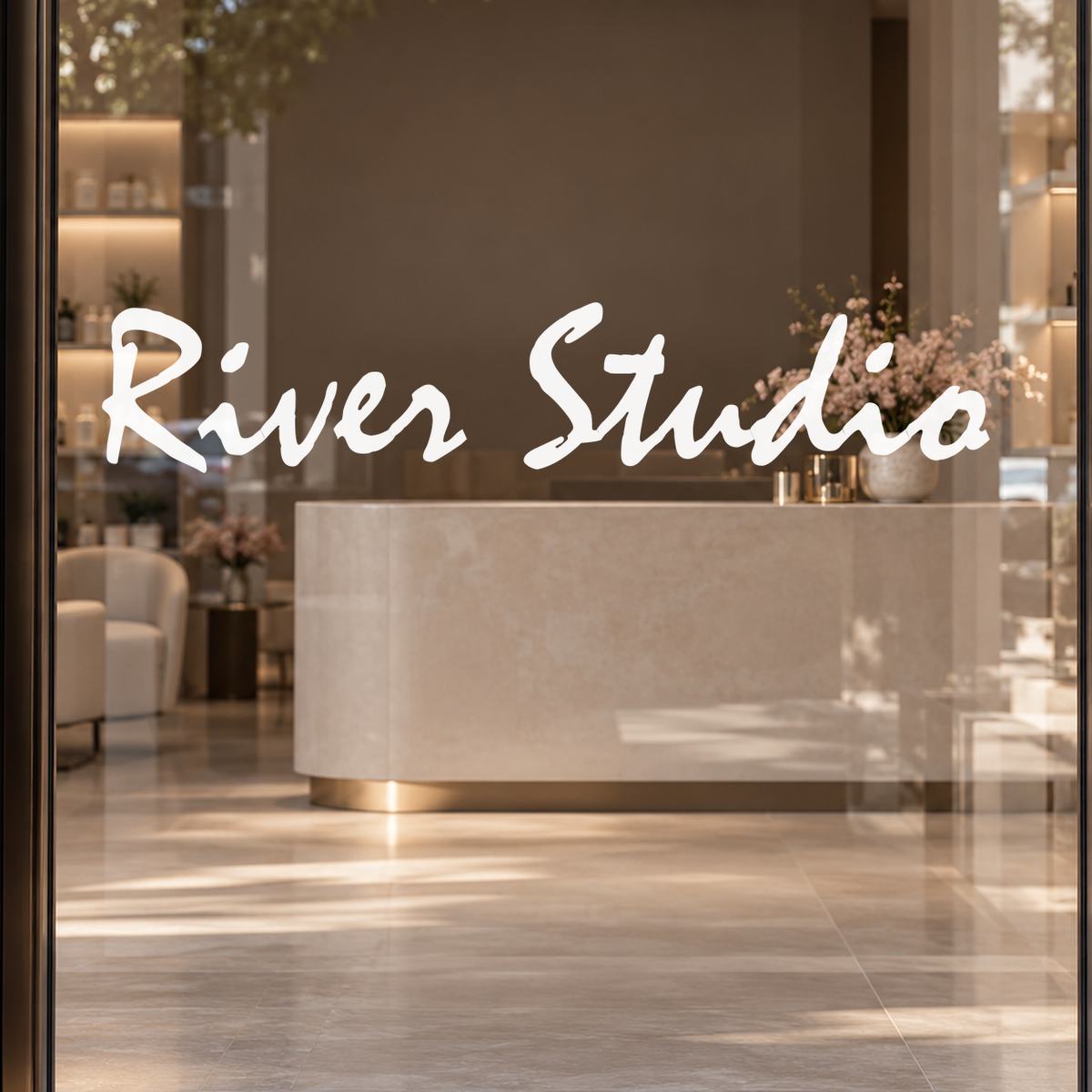 River Studio custom lettering on glass