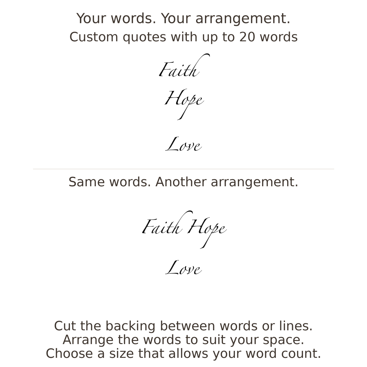 Large readable custom quote guide showing two arrangements with the same letter size